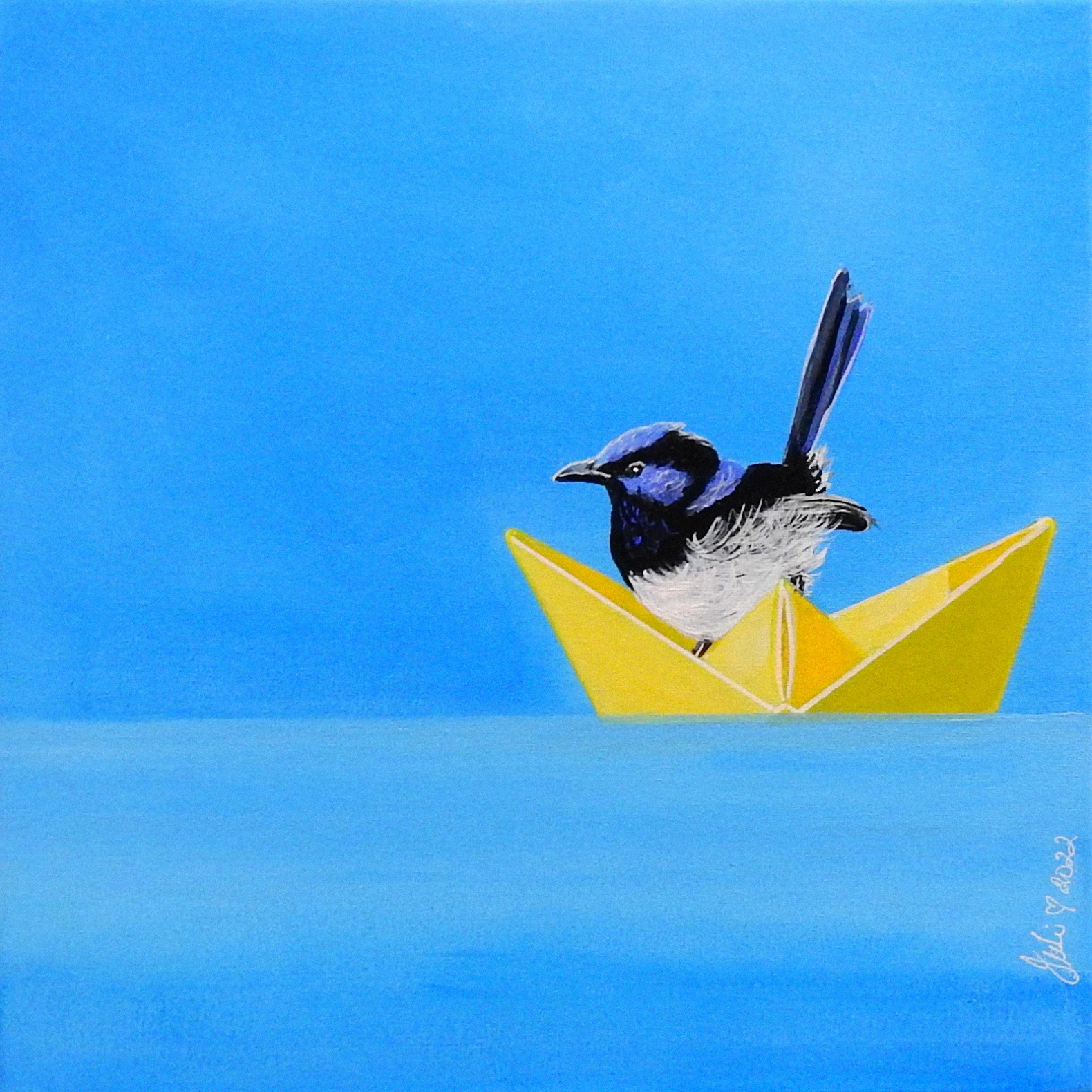 Just a Blue Wren in a Yellow Paper Boat by Julie Hollis | Lethbridge 20000 2023 Finalists | Lethbridge Gallery