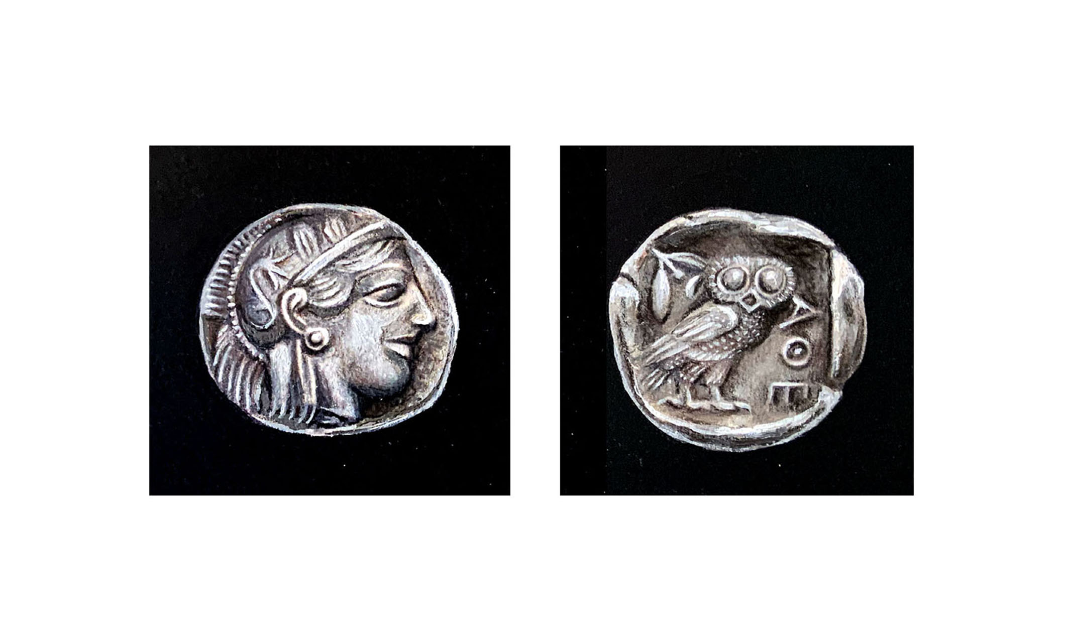 Owl of Athena, Tetradrachm Coin (Glaukes) by Leni Kae | Lethbridge 20000 2023 Finalists | Lethbridge Gallery