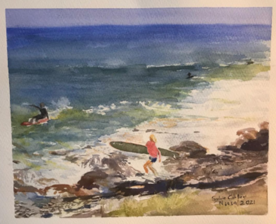 Surfers Off Noosa Rocks by Sylvie Carter | Lethbridge 20000 2021 Finalists | Lethbridge Gallery