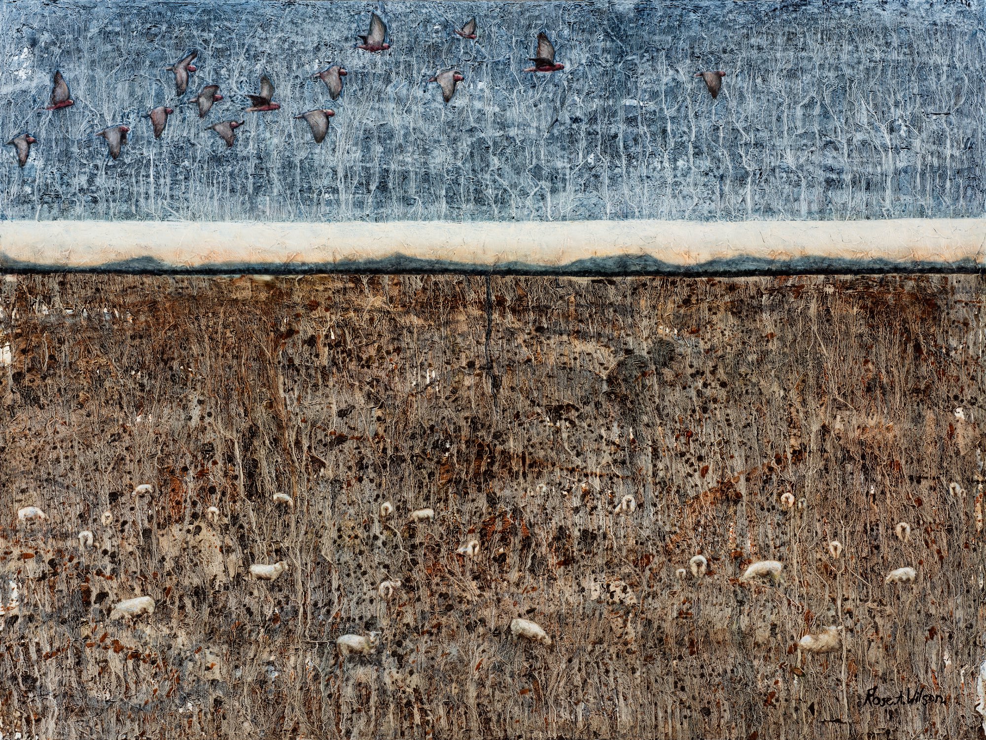 Galah's over the dry paddock by rose wilson | Lethbridge Landscape Prize 2022 Finalists | Lethbridge Gallery